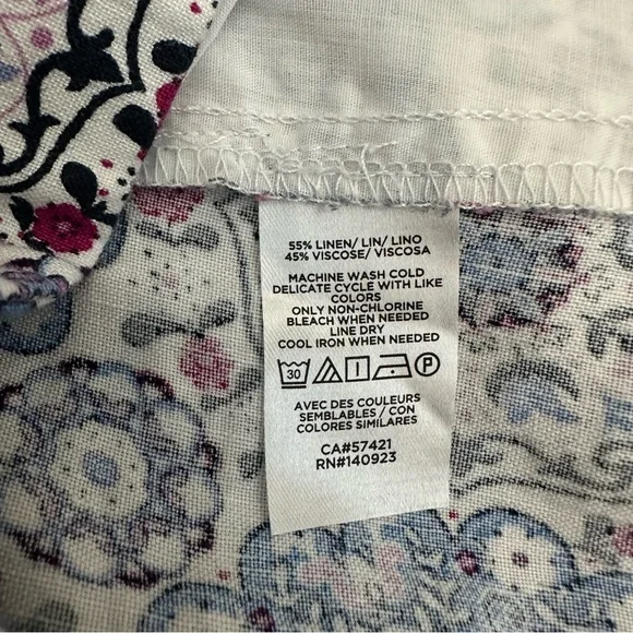 Loft Women's Size L Floral Linen Blue Cotton Elastic Waist High Rise Crop Pants - Picture 8 of 9